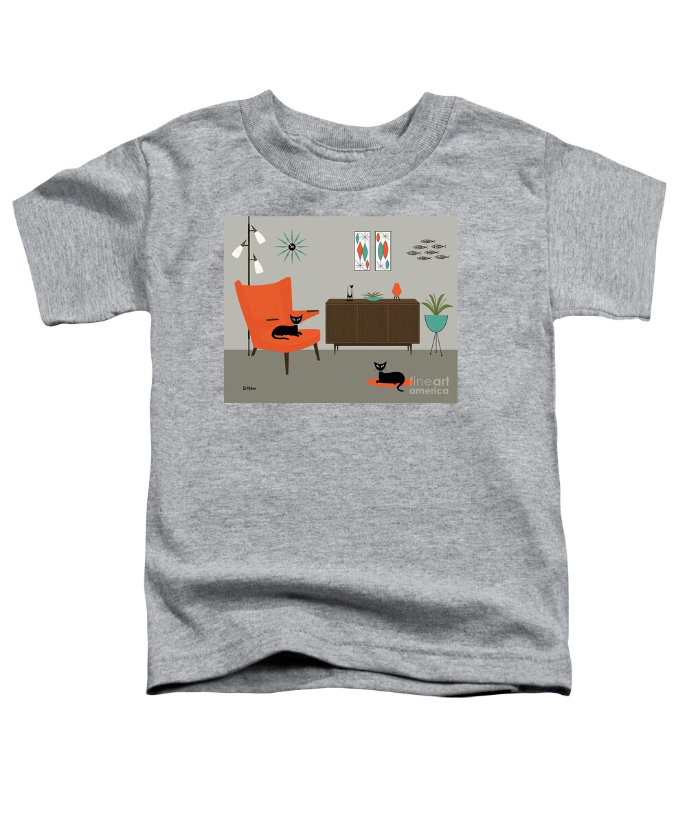 Mid Century Cat Toddler T-Shirt featuring the digital art Orange Papa Bear Chair with Cats by Donna Mibus