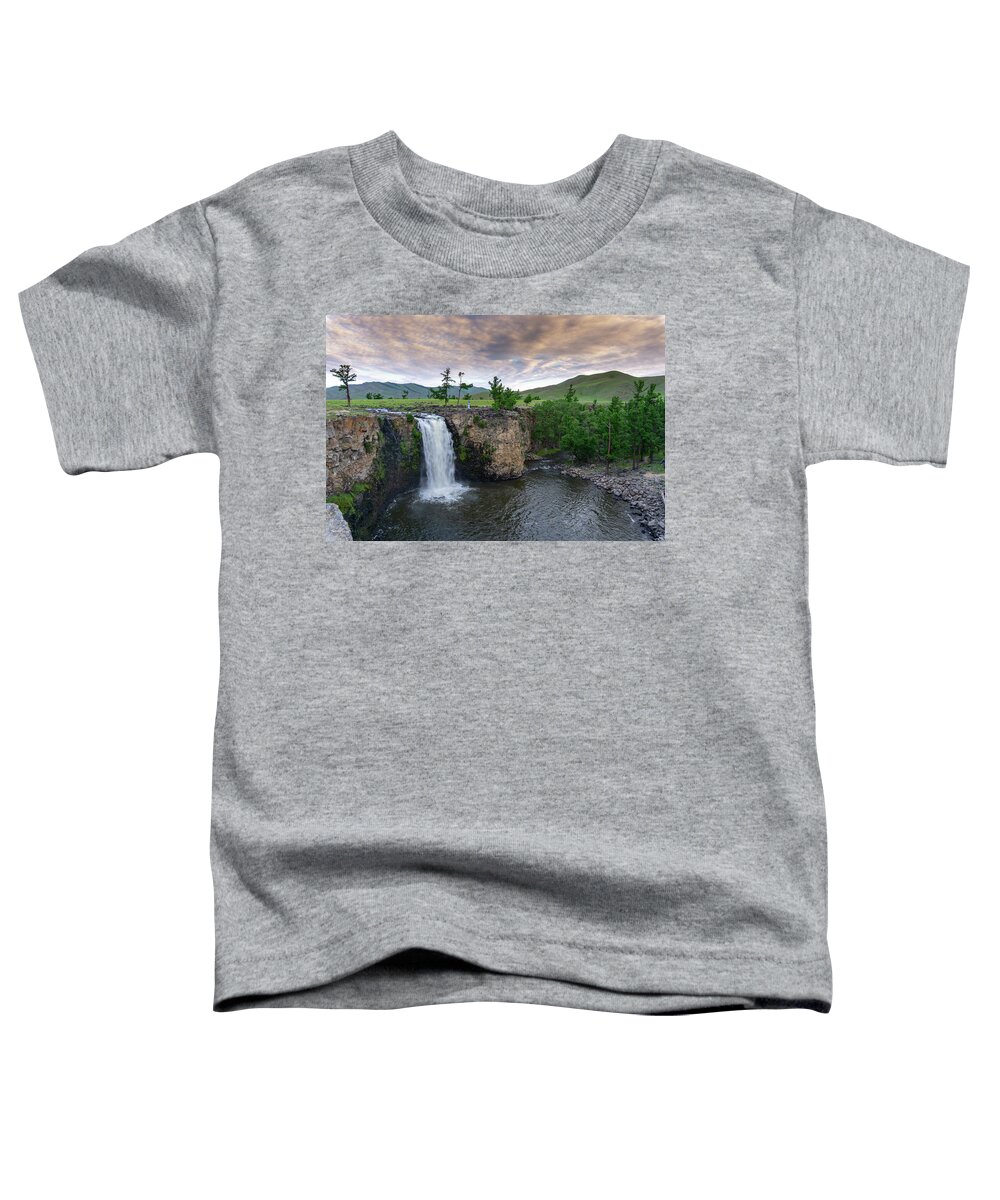 Waterfall Toddler T-Shirt featuring the photograph Orkhon waterfall in Mongolia at sunrise by Mikhail Kokhanchikov