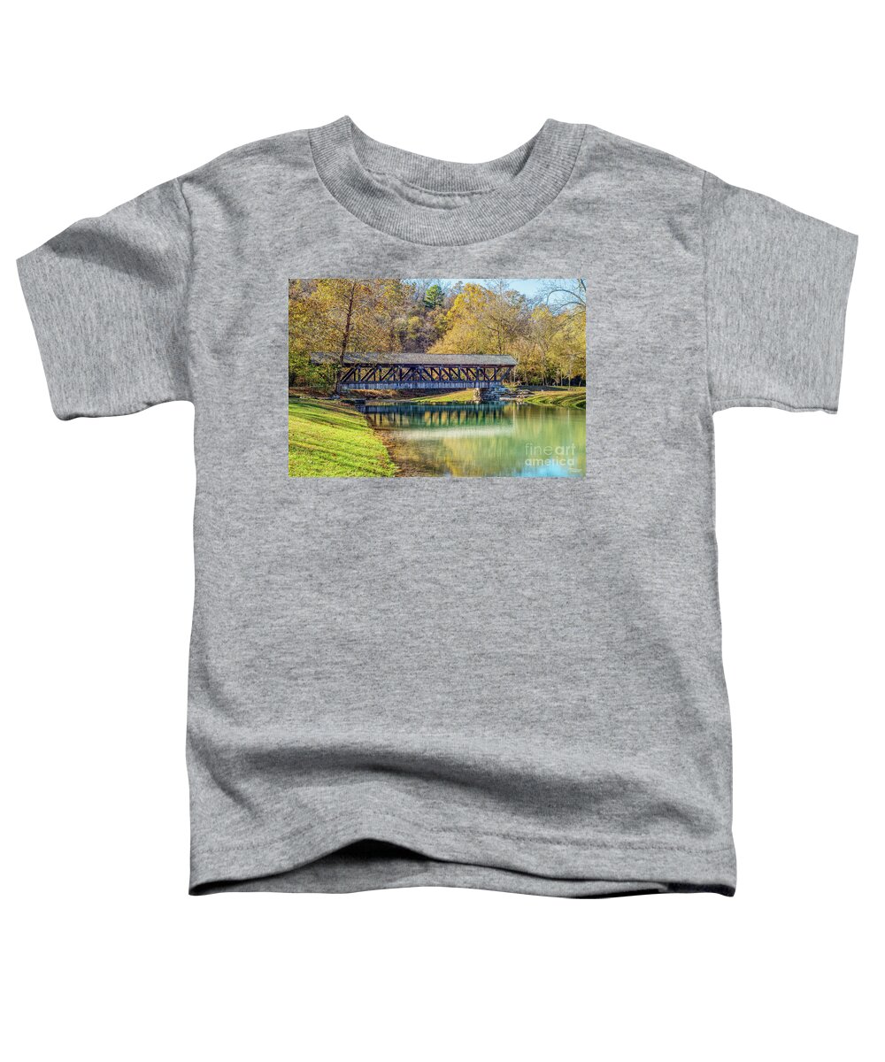 Covered Bridge Toddler T-Shirt featuring the photograph Ozarks Fall Rustic Covered Bridge by Jennifer White