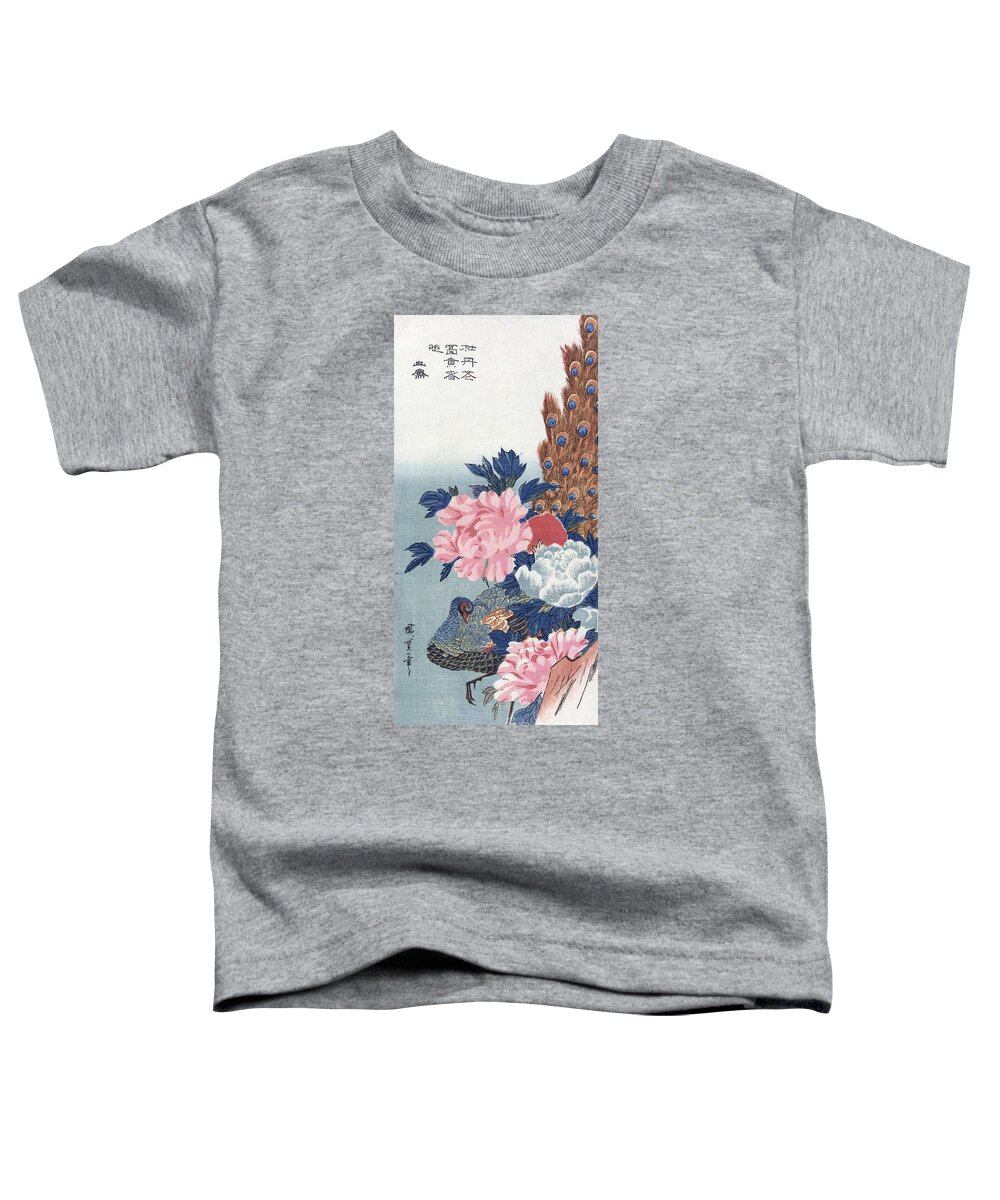 1835 Toddler T-Shirt featuring the drawing PEACOCK AND PEONIES, c1835 by Utagawa Hiroshige
