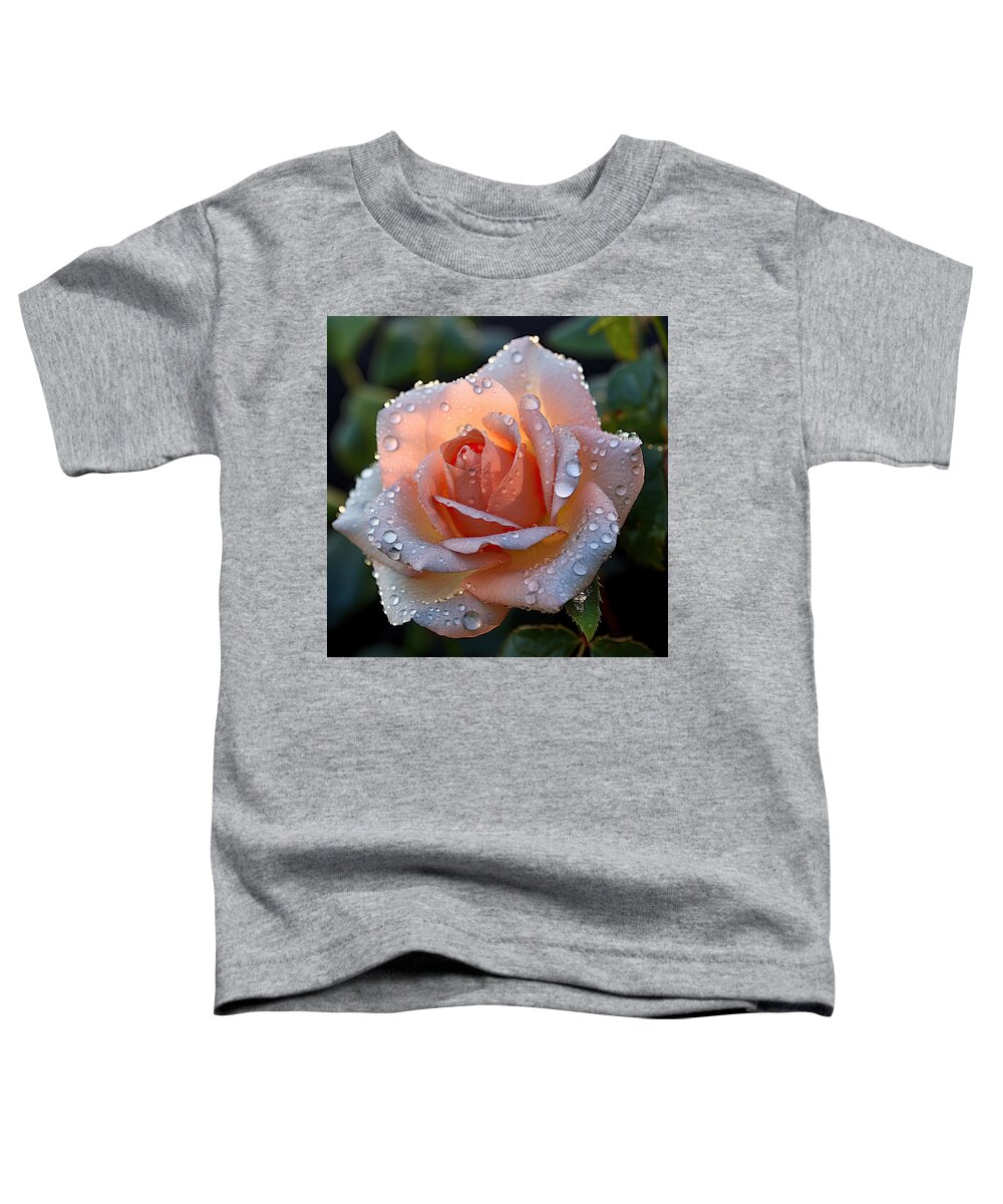 Digital Artwork Toddler T-Shirt featuring the digital art Pink Rose II with Morning Dew in The Garden Macro by Lily Malor