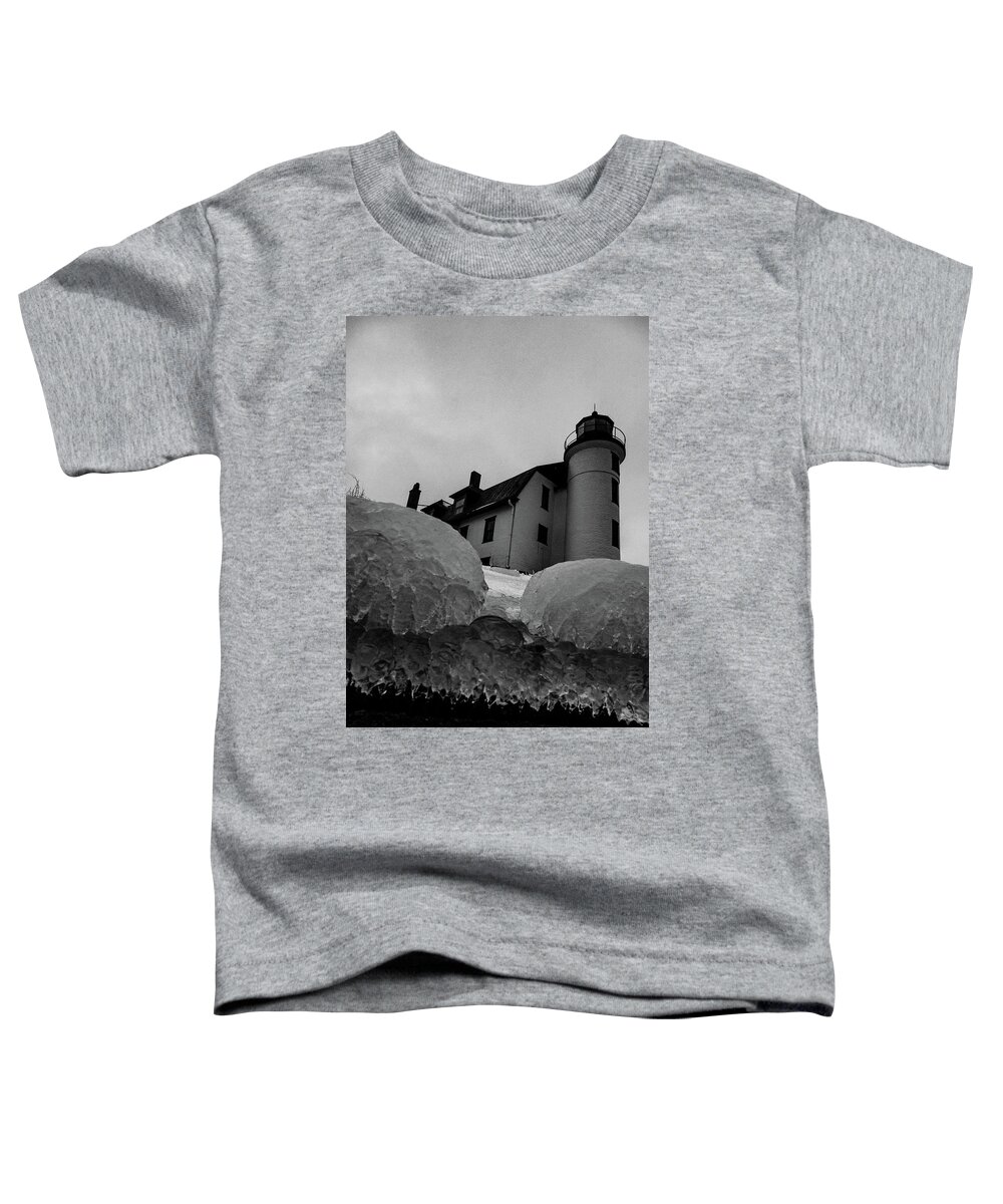 Lighthouse Lake Michigan Toddler T-Shirt featuring the photograph Point Betsie Lighthouse low view in black and white by Eldon McGraw
