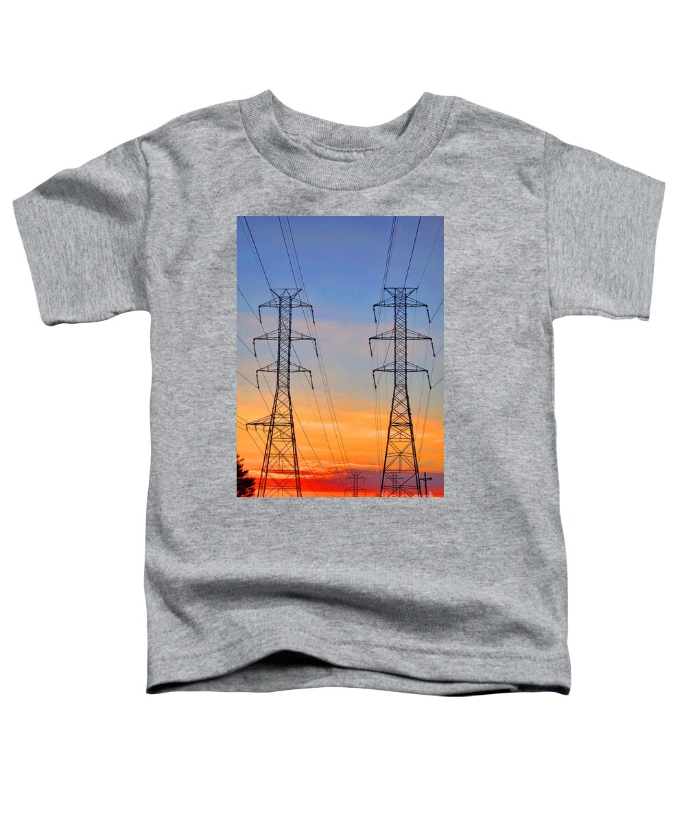 Power Toddler T-Shirt featuring the photograph Power Line Towers at Sunset by Olivier Le Queinec