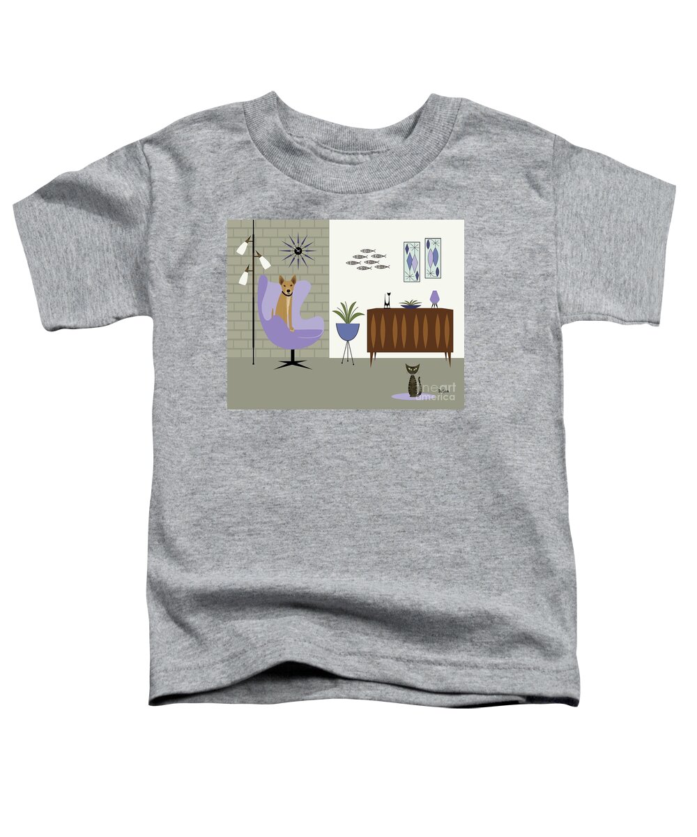 Mid Century Dog Toddler T-Shirt featuring the digital art Purple Egg Chair with Dog and Cat by Donna Mibus