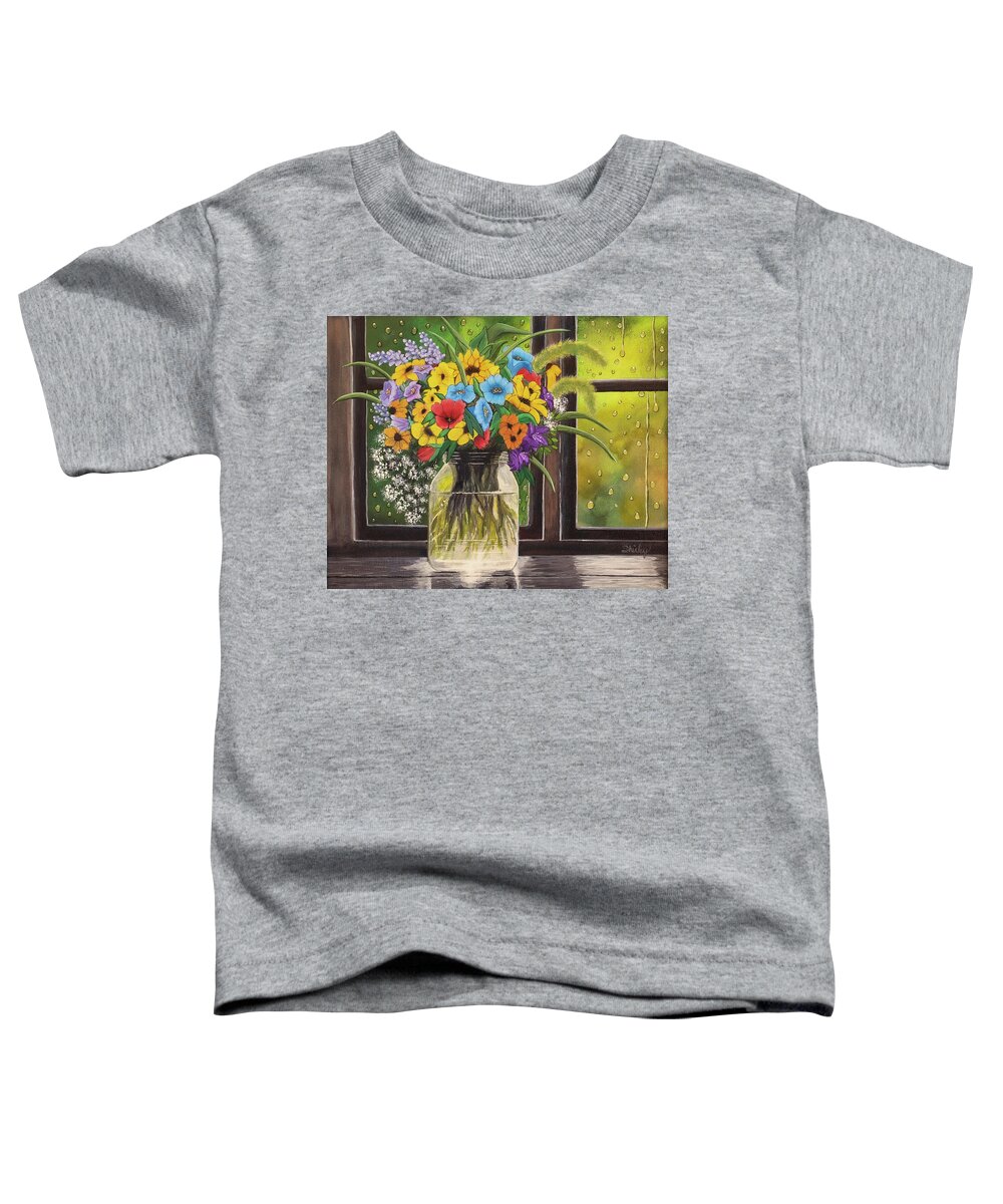 Vase Of Flowers Toddler T-Shirt featuring the painting Rainy Day by Shirley Dutchkowski