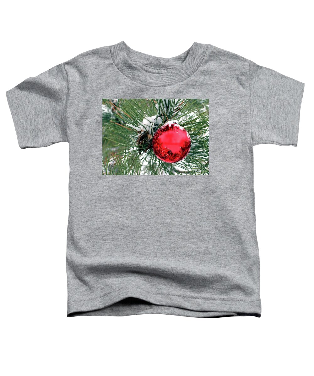 Red Toddler T-Shirt featuring the photograph Red Ornament in Evergreen with Snow by Pete Klinger