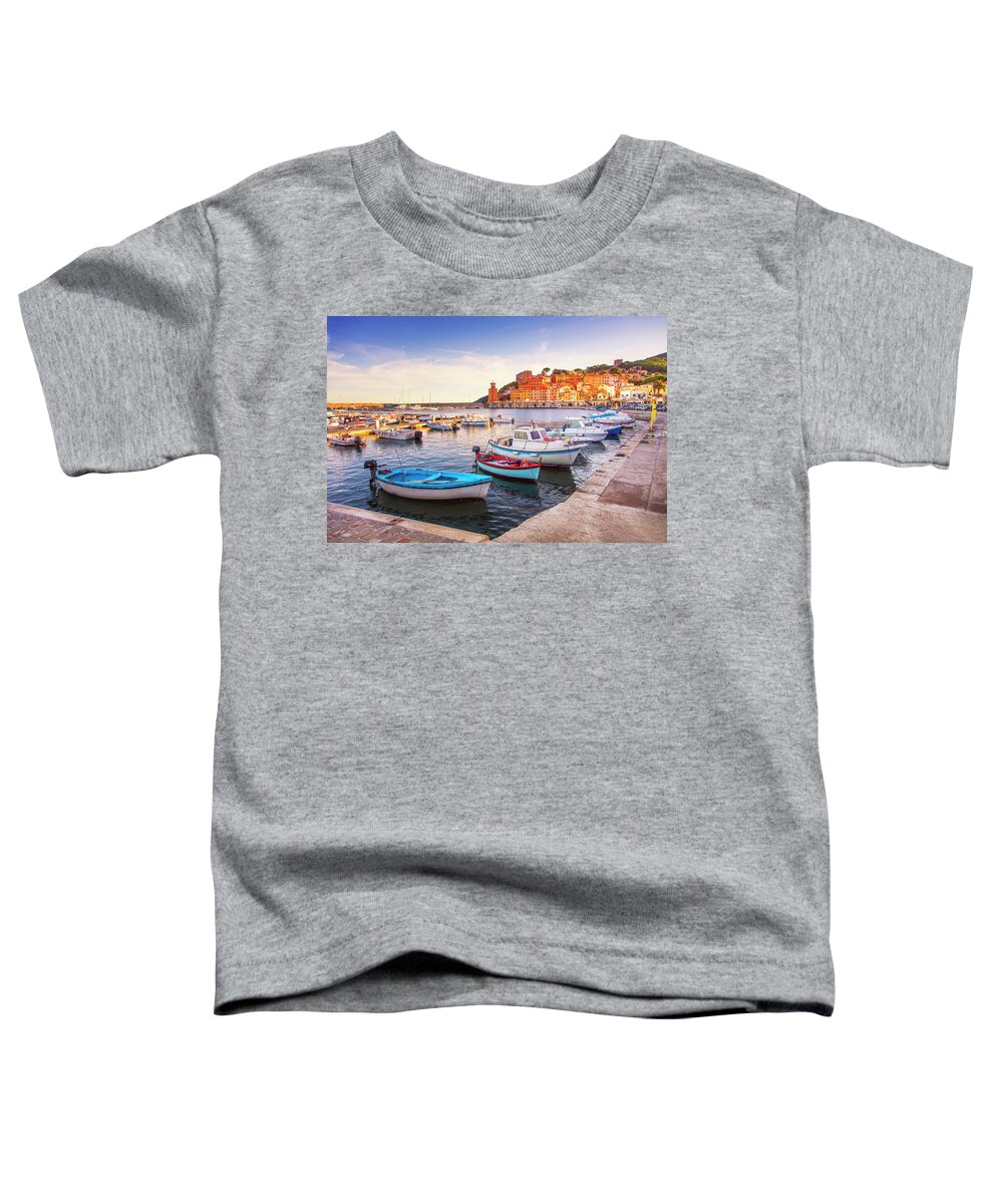 Elba Toddler T-Shirt featuring the photograph Rio Marina boats and lighthouse. Elba island by Stefano Orazzini