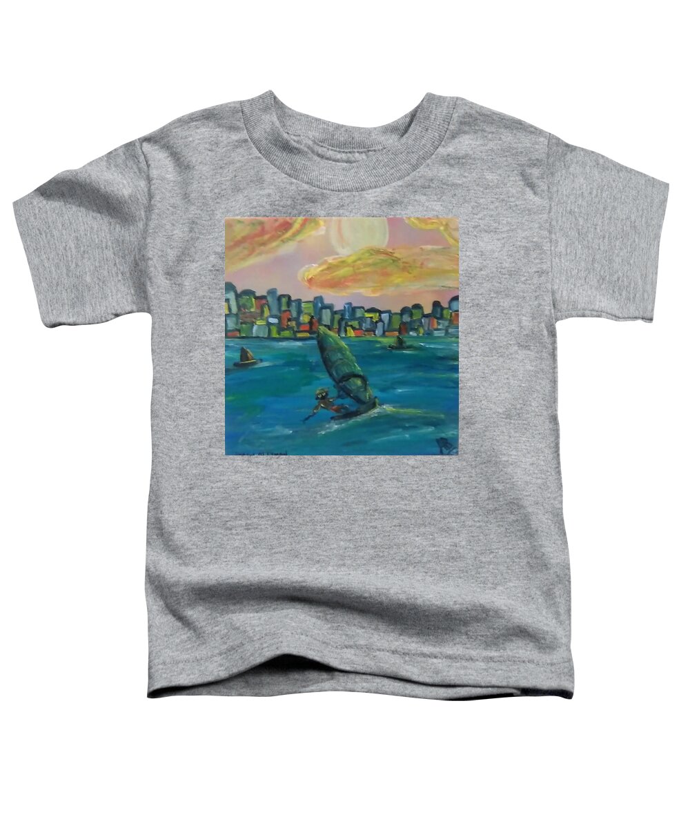 Sailboard Toddler T-Shirt featuring the painting Sailboard City by Andrew Blitman