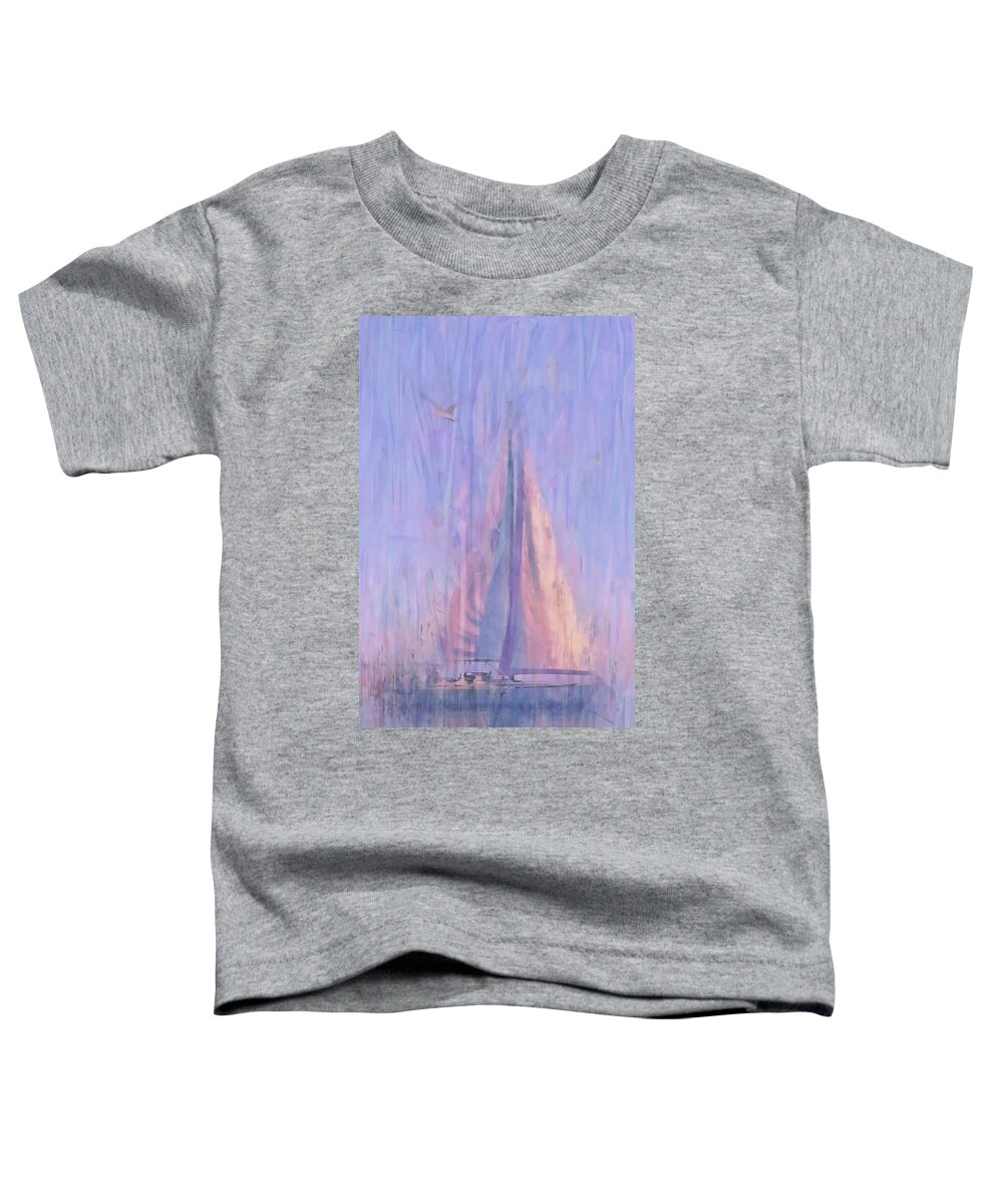 Sailboat Toddler T-Shirt featuring the mixed media Sailboat at Dawn by Alex Mir