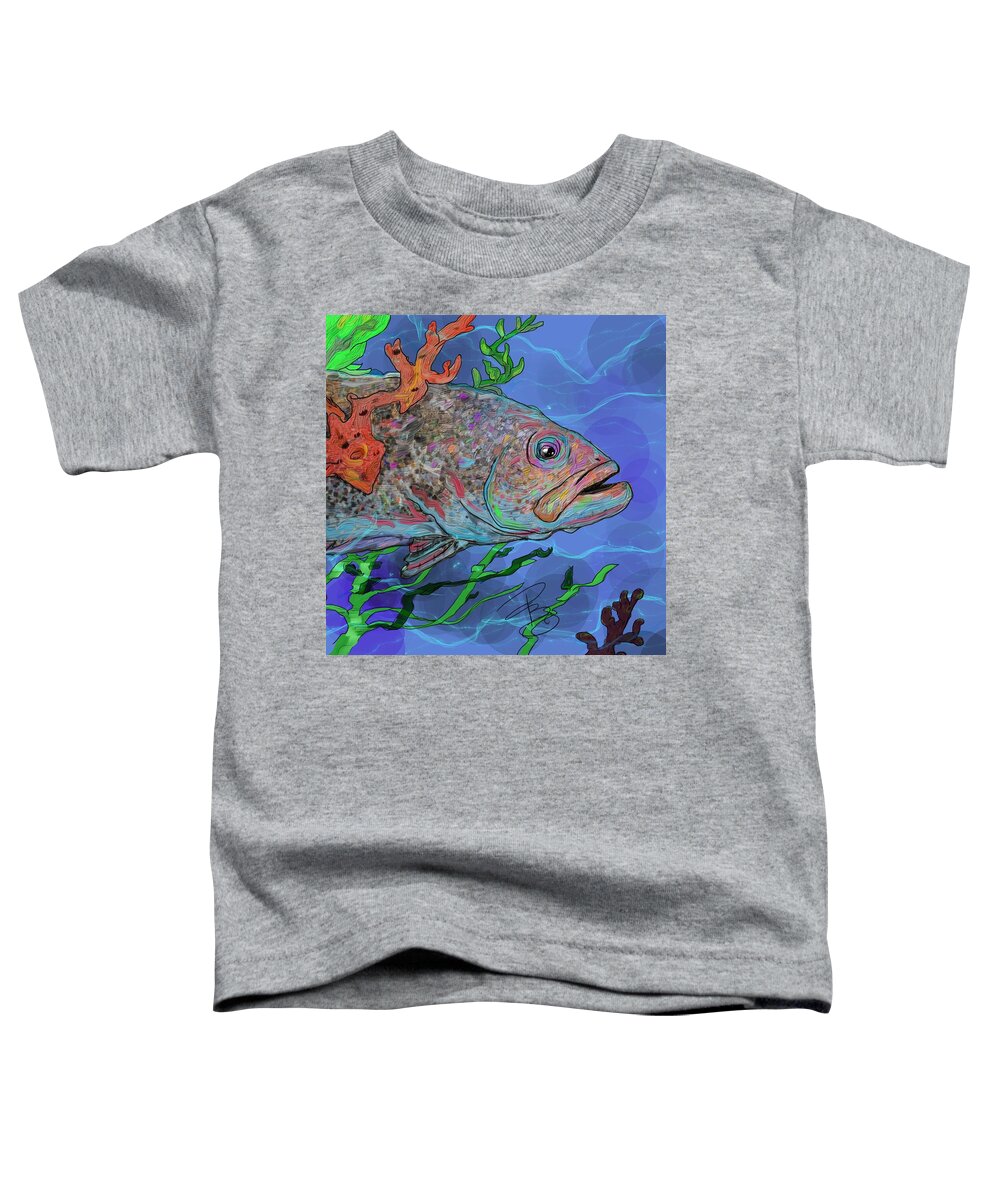 Fish Toddler T-Shirt featuring the digital art Sea Bass in blue by Debra Baldwin
