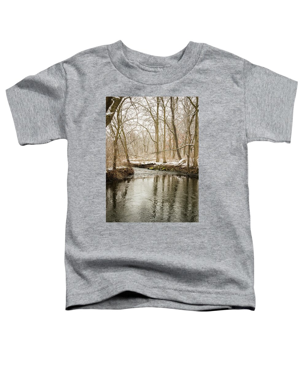 Blackwell Forest Preserve Toddler T-Shirt featuring the photograph Snowy Midwest Stream Portrait by Joni Eskridge