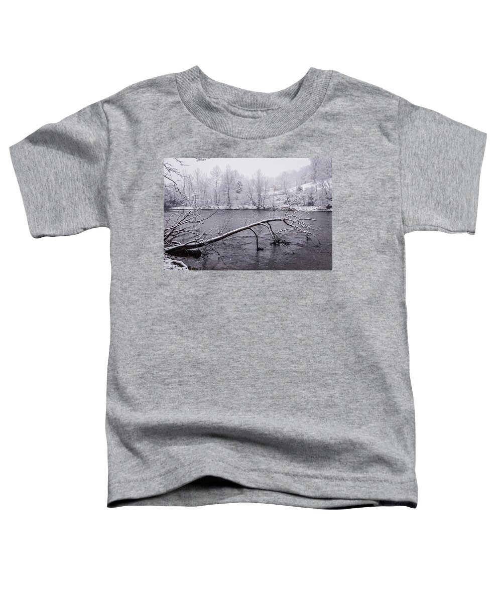 Carolina Toddler T-Shirt featuring the photograph Snowy Tree Reaching into the River by Debra and Dave Vanderlaan