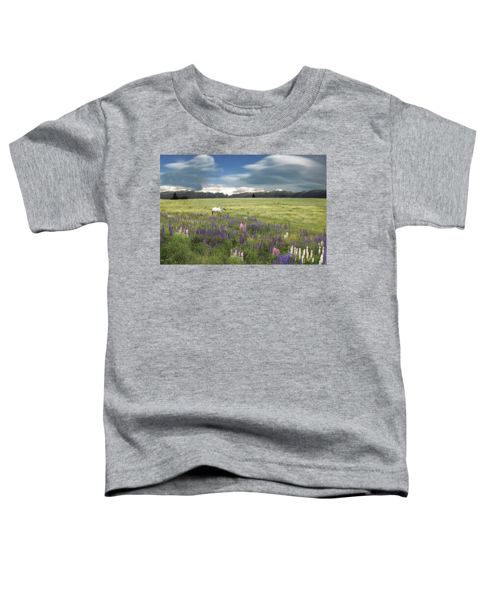Pony Toddler T-Shirt featuring the photograph Spirit Pony in High Country Lupine Field by Wayne King