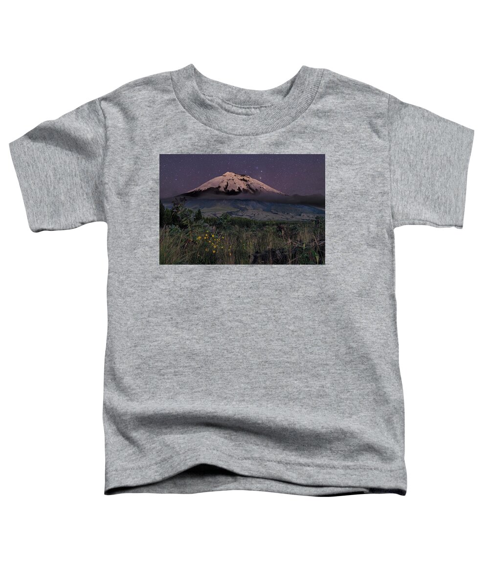 Andes Toddler T-Shirt featuring the photograph Starry night above the west face of the Cotopaxi volcano by Henri Leduc