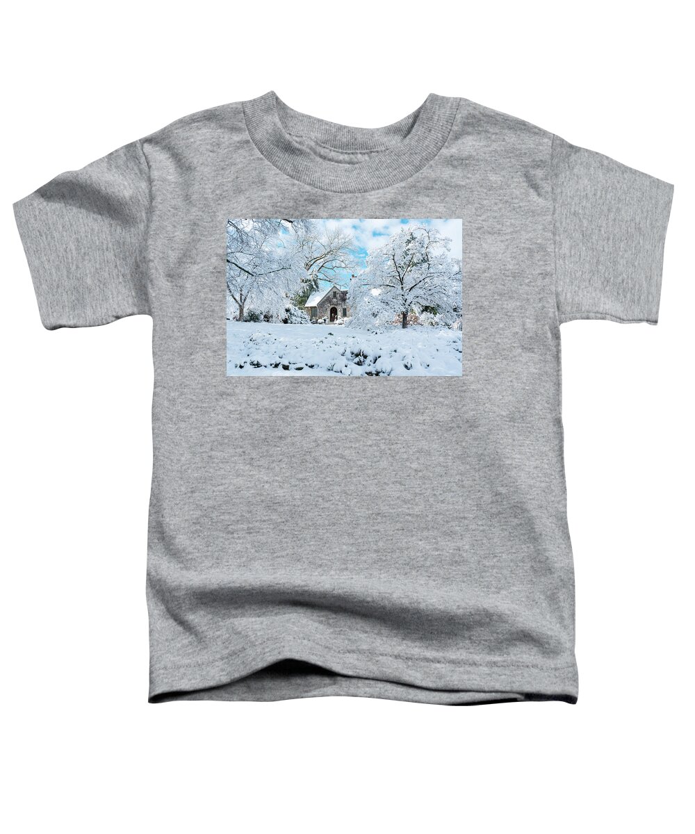 House In Snow Toddler T-Shirt featuring the photograph Stone House in Snow by Sharon Popek