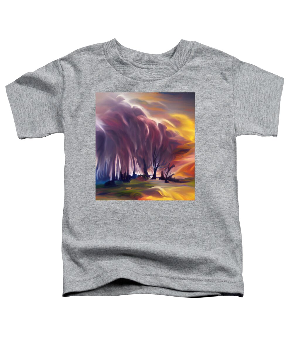 Stormy Sunset Toddler T-Shirt featuring the mixed media Stormy Sunset through the Trees by Ann Leech