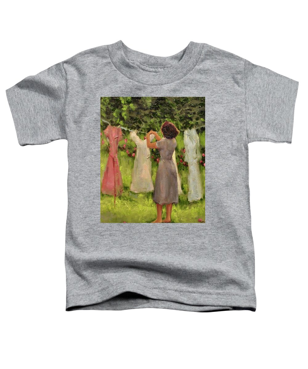 Women Hanging Clothes Toddler T-Shirt featuring the painting Summer Breeze by Ashlee Trcka