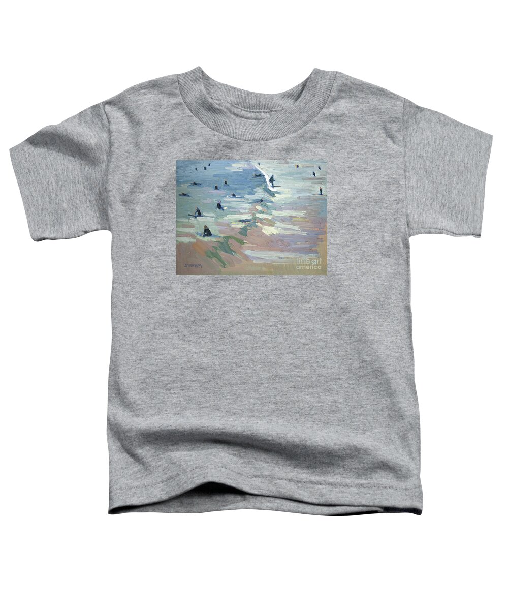 Surfing Toddler T-Shirt featuring the painting Surfing USA - Surfers Waiting to Catch a Wave and Catching Waves in Southern California by Paul Strahm