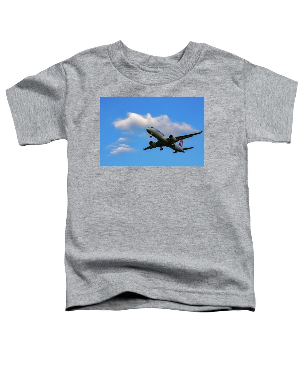 Swiss Air Toddler T-Shirt featuring the photograph Swiss Air airplane landing by Ian Middleton