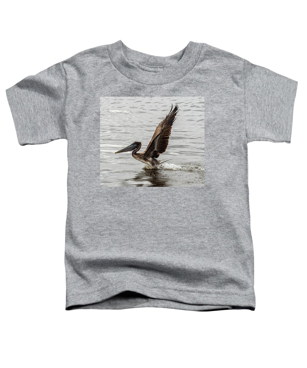 Brown Pelican Toddler T-Shirt featuring the photograph Take Off 2 by Jerry Connally