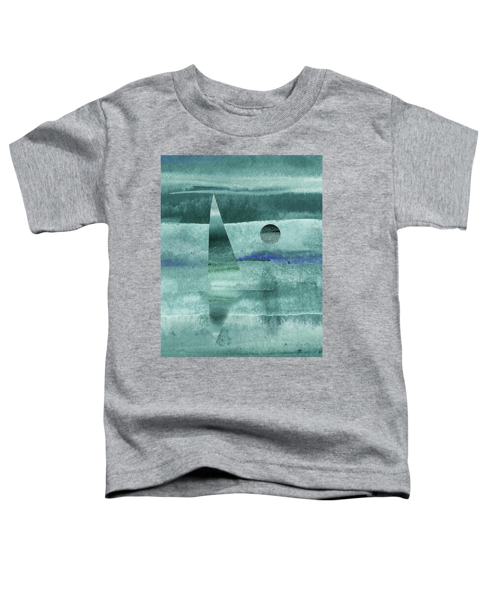 Sailboat Sea Toddler T-Shirt featuring the painting Teal Blue Gray Sailboat At The Ocean Shore Seascape Painting Beach House Art I by Irina Sztukowski