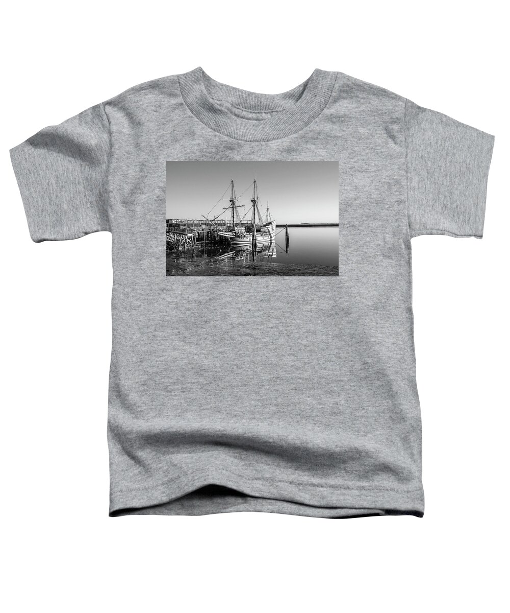 Plymouth Toddler T-Shirt featuring the photograph The Mayflower II Mayflower Ship Replica Plymouth Massachusetts Black and White by Toby McGuire