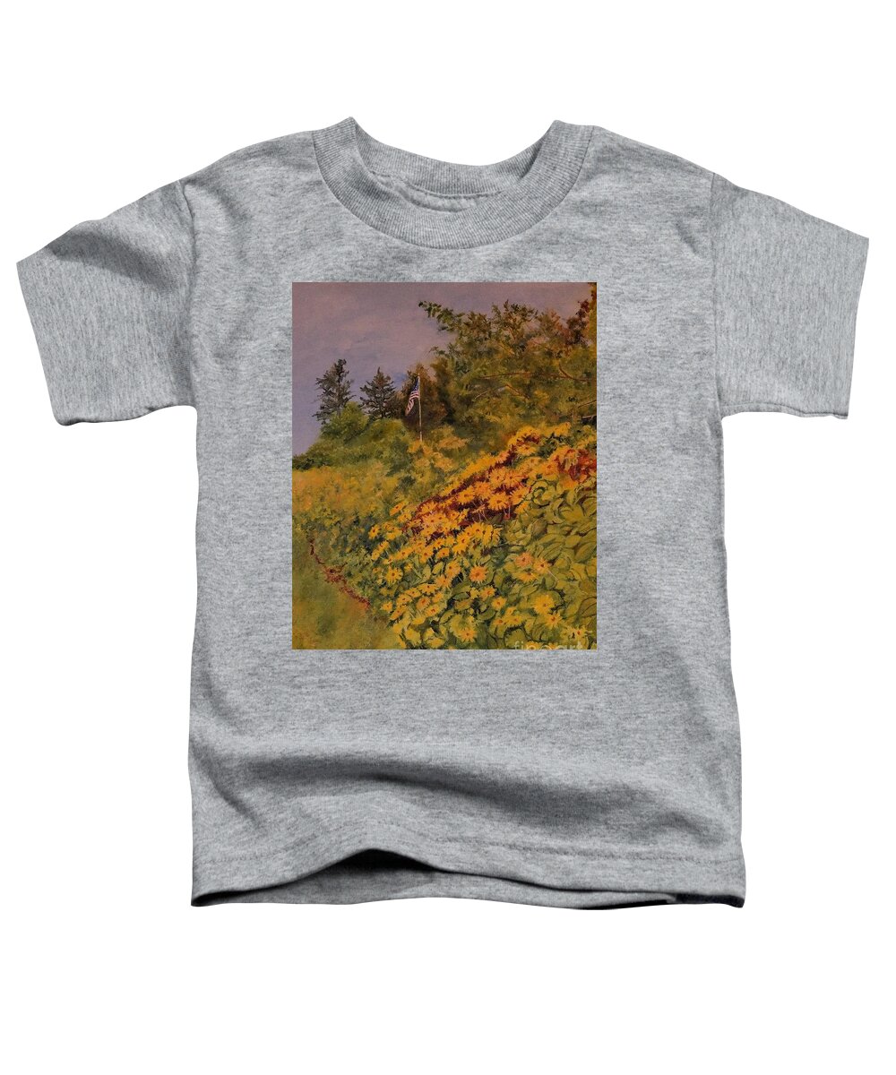 Barbara Moak Toddler T-Shirt featuring the painting The Stars and Stripes on a Bank of Rudbeckia by Barbara Moak