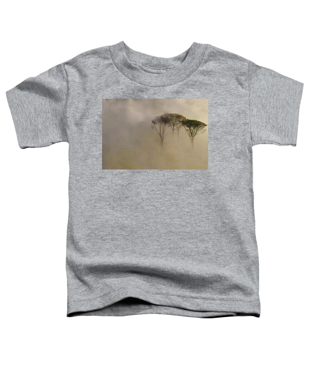 Three Tree Tops In Fog Toddler T-Shirt featuring the digital art Three Tree Tops in Fog by Russ Harris