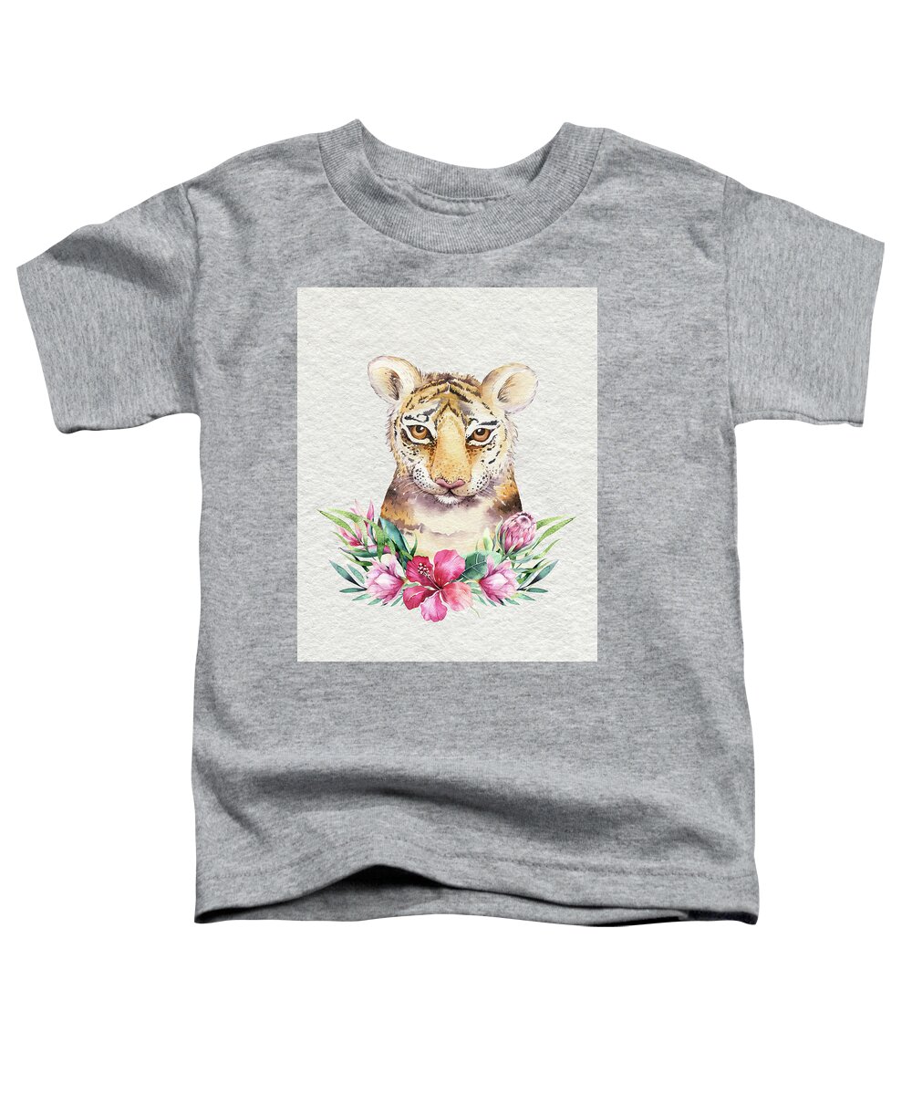 Tiger With Flowers Toddler T-Shirt featuring the painting Tiger With Flowers by Nursery Art