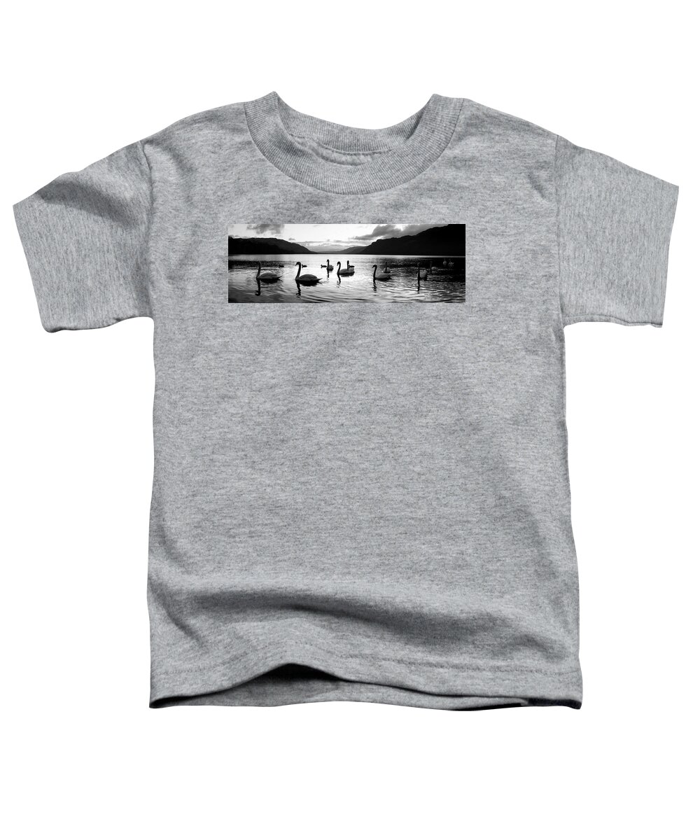 Panorama Toddler T-Shirt featuring the photograph Ullswater Swans Black and White Lake District by Sonny Ryse