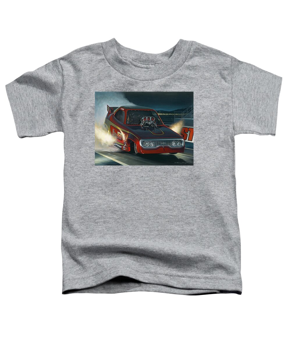 Nhra Funny Car Top Fuel Kenny Youngblood John Force Terry Mcmillan Nitro Drag Racing Toddler T-Shirt featuring the painting Vegas Nights by Kenny Youngblood