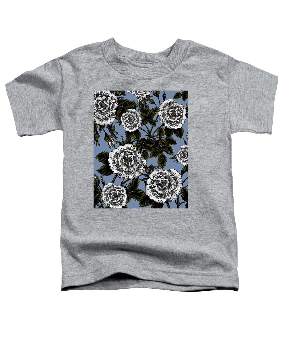 Rose Toddler T-Shirt featuring the painting Vintage Roses Black And White Ink Silhouettes Of Flowers On Soft Dusty Blue by Irina Sztukowski