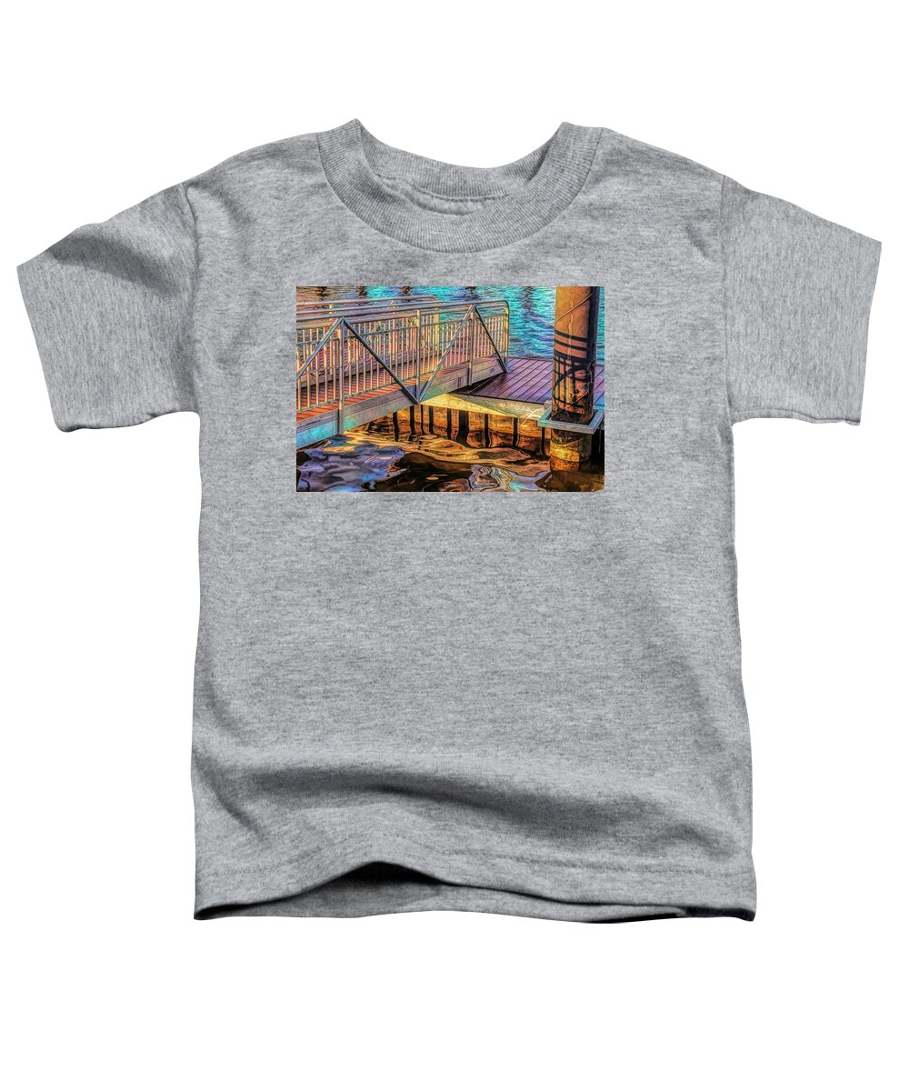 Walkway; Dock; Float; Morning; Light; Shadows; Railing; Abstract; Reach; Photo; Safety; Strength; Sart; Coastal; Marina; River; Balance; Beauty; Challenge; Nautical; Harmony; Suspended; Integrity; Wall Art; Contemporary Decor; Industrial Decor; Transitional Decor Toddler T-Shirt featuring the photograph Walkway To Floating Dock Early Morning by Gary Slawsky