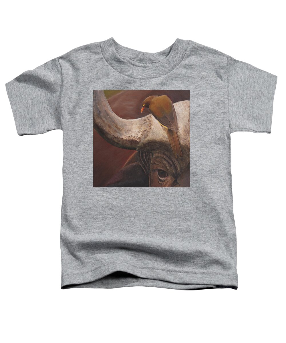 Cape Buffalo Toddler T-Shirt featuring the painting Water buffalo and oxpikker by Russell Hinckley