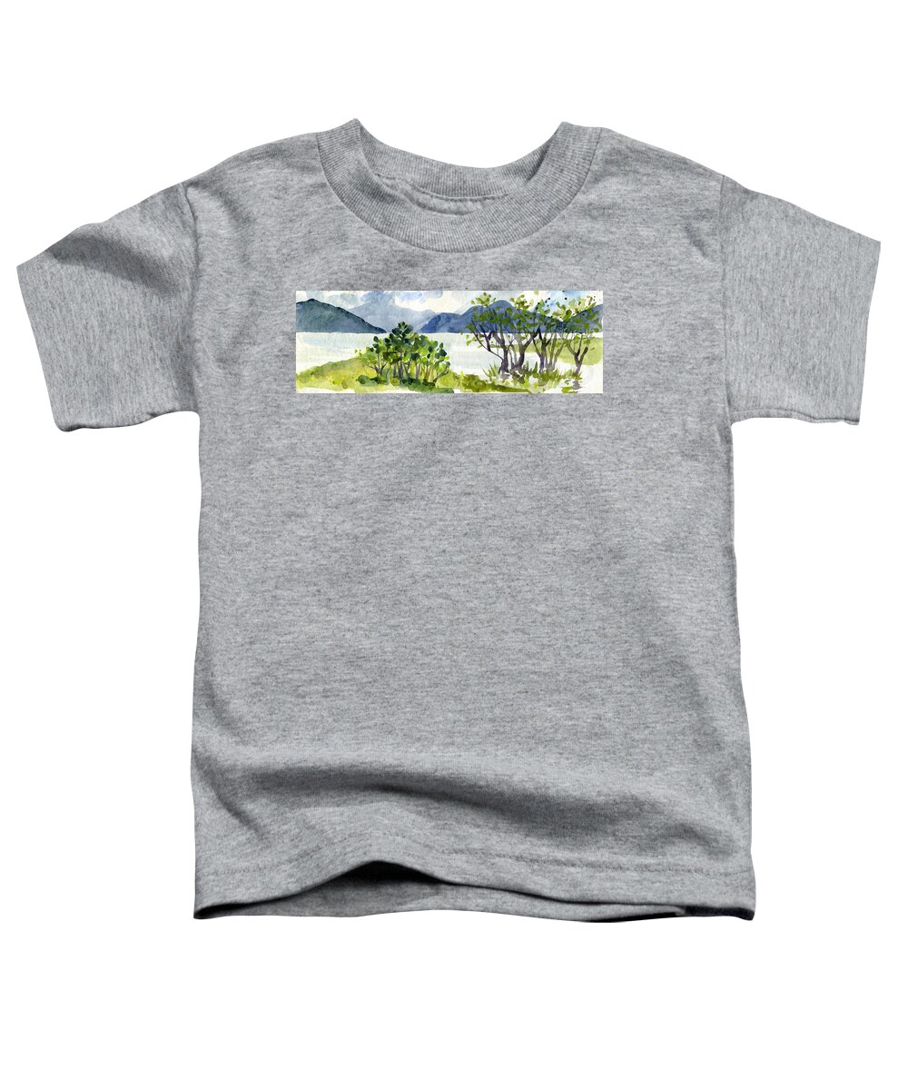 Watercolor Toddler T-Shirt featuring the digital art Watercolor Mountain and Lake Landscape Scenery Painting by Sambel Pedes