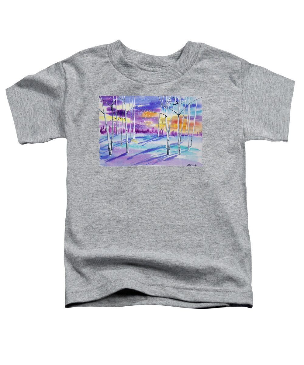 Sunrise Toddler T-Shirt featuring the painting Watercolor - Sunrise in a Snowy Aspen Grove by Cascade Colors