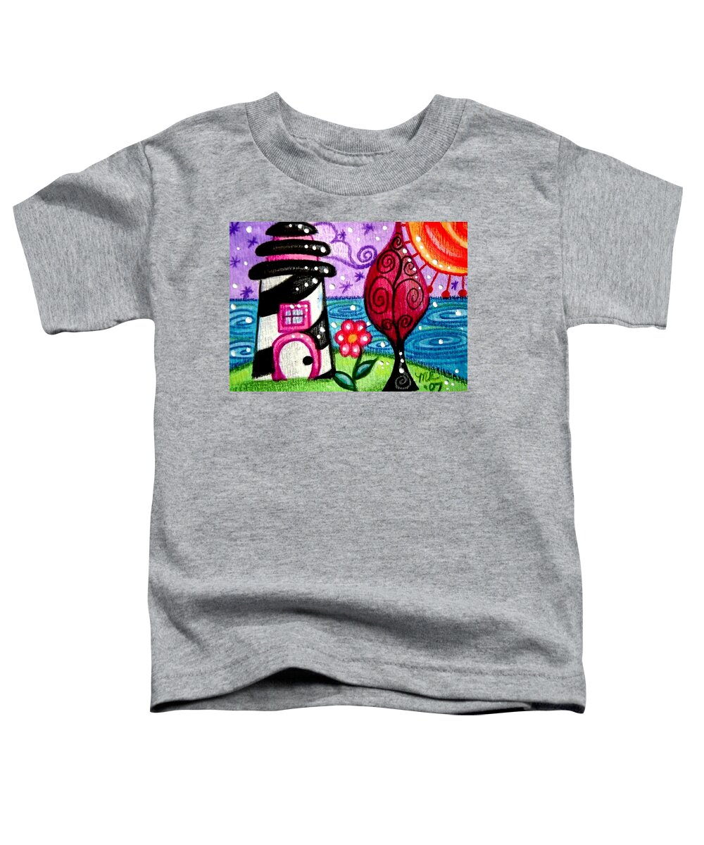 Whimsical Toddler T-Shirt featuring the painting Whimsical Black White Lighthouse by Monica Resinger