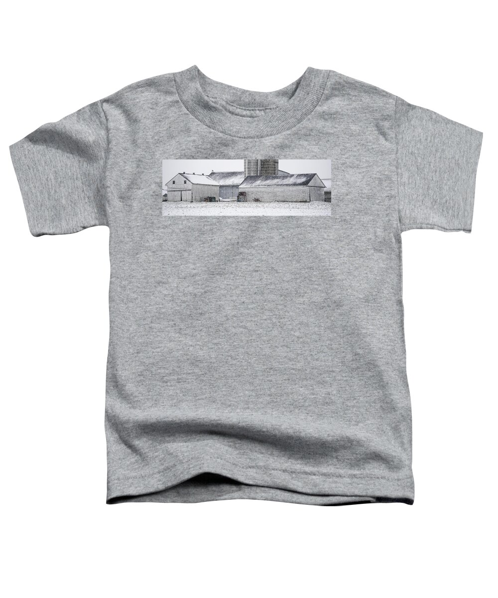 Snow Scene Toddler T-Shirt featuring the photograph White Barns in Snow by Tana Reiff