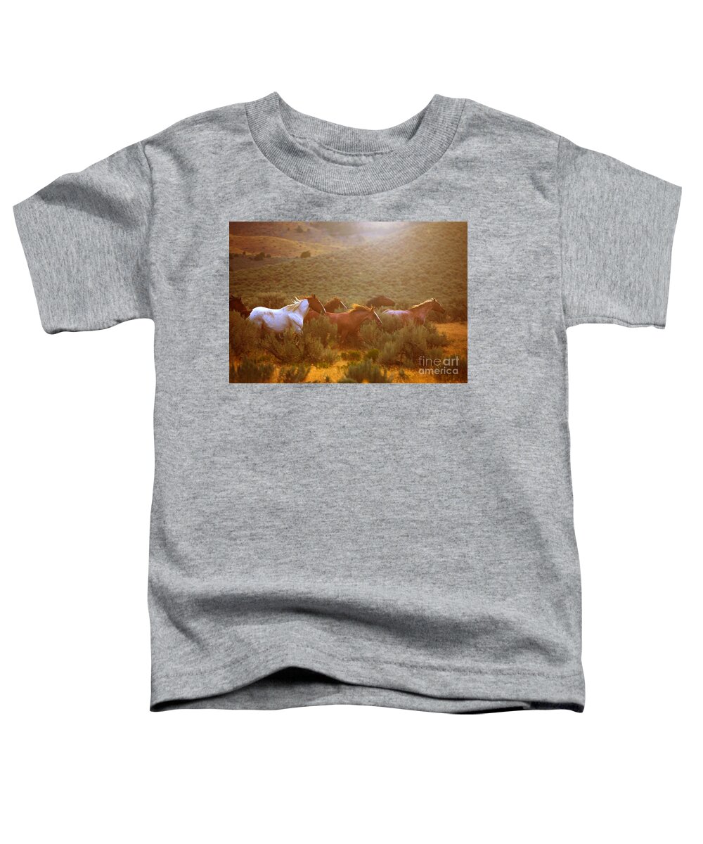 Horse Toddler T-Shirt featuring the photograph Wild Horses Running at Sunset by Diane Diederich