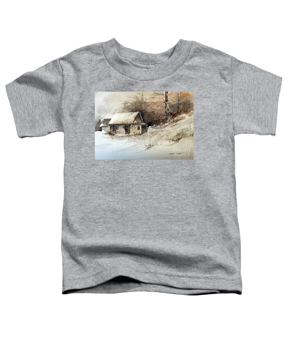 An Old Barn In The Winter Woods. Toddler T-Shirt featuring the painting Winter Woods by Monte Toon