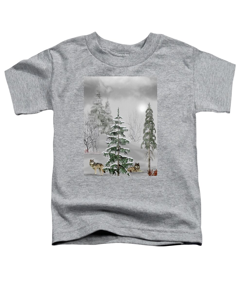 Wolf Toddler T-Shirt featuring the mixed media Wolves In The Winter Forest Color by David Dehner