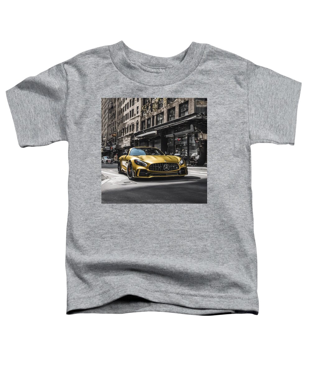 Yellow Toddler T-Shirt featuring the digital art Yellow Mercedes AMG GTR Car on the streets of New York by CarsToon Concept