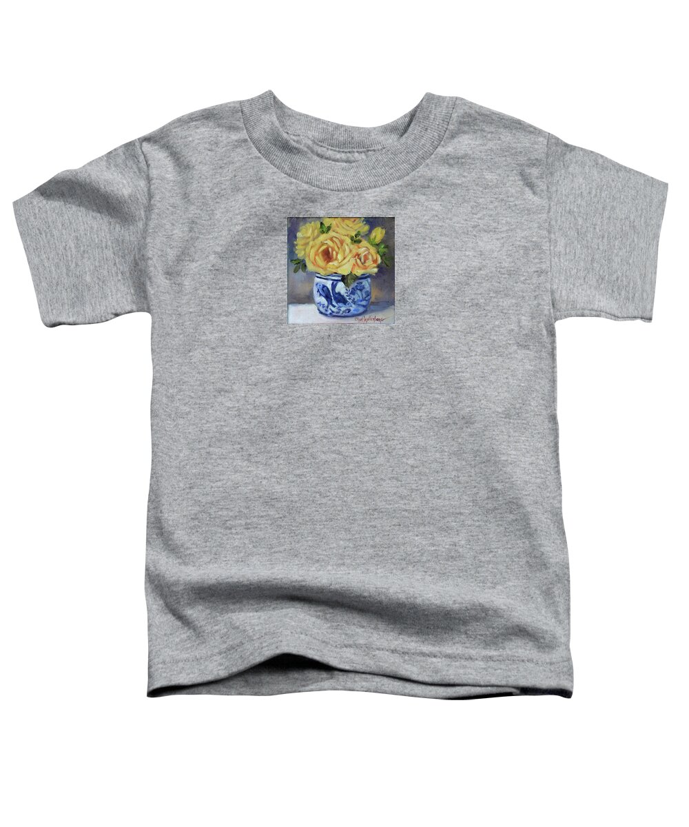 Yellow Roses Toddler T-Shirt featuring the painting Yellow Rose Bouquet in Blue and White Vase by Cheri Wollenberg