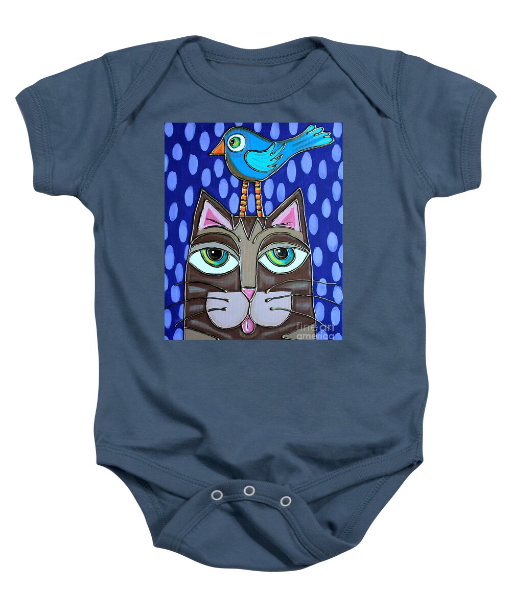 Cat Baby Onesie featuring the painting Bird on Top by Cynthia Snyder