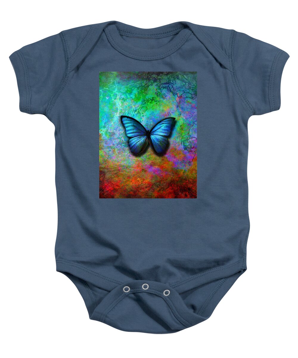Blue Butterfly Baby Onesie featuring the digital art Blue Butterfly on colorful background by Lilia S