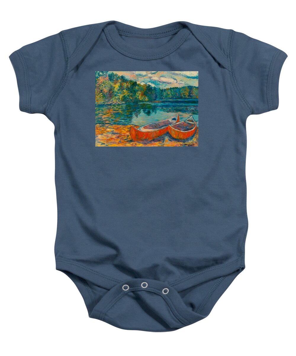 Landscape Baby Onesie featuring the painting Canoes at Mountain Lake by Kendall Kessler