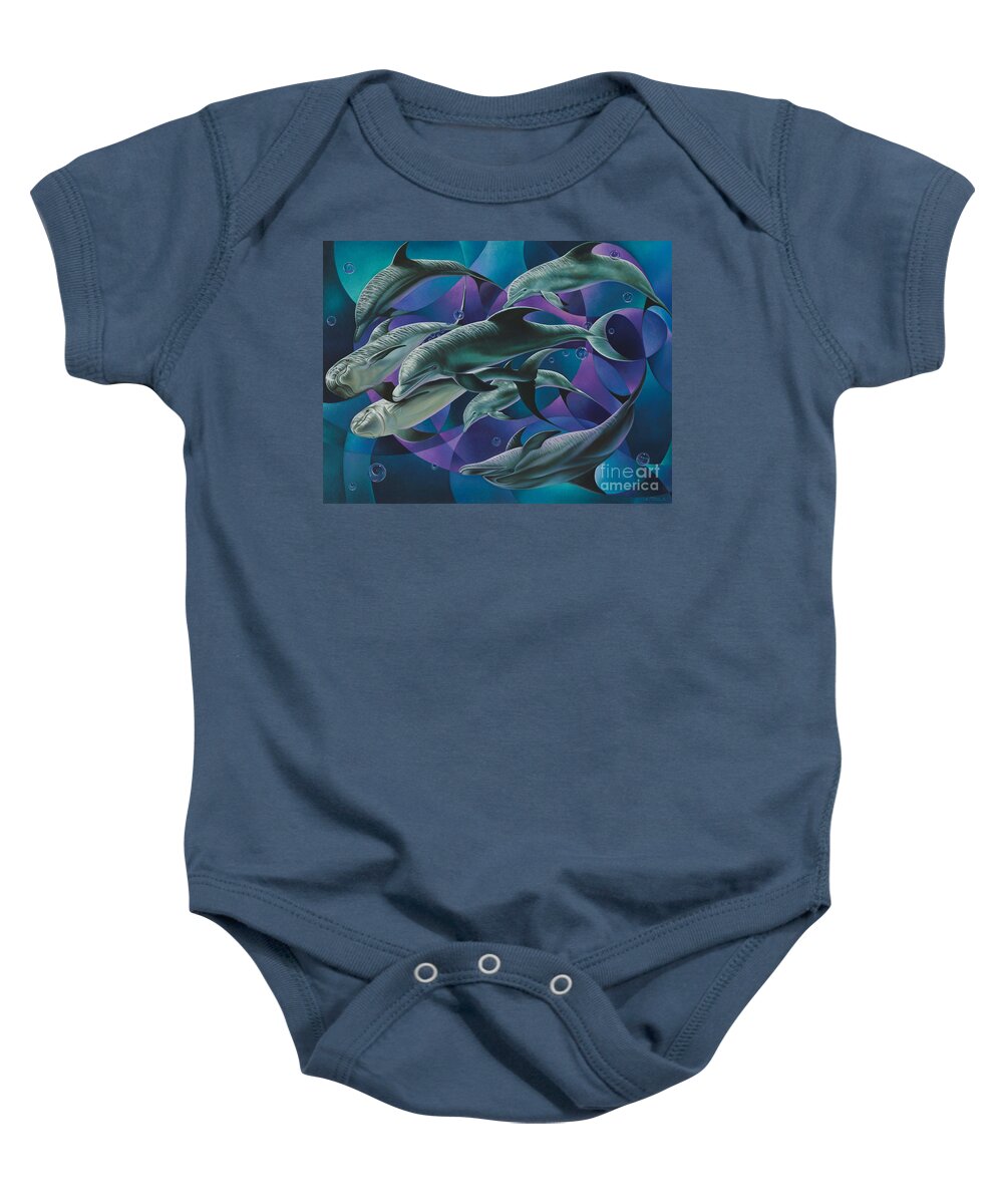 Dolphins Baby Onesie featuring the painting Corazon del Mar by Ricardo Chavez-Mendez