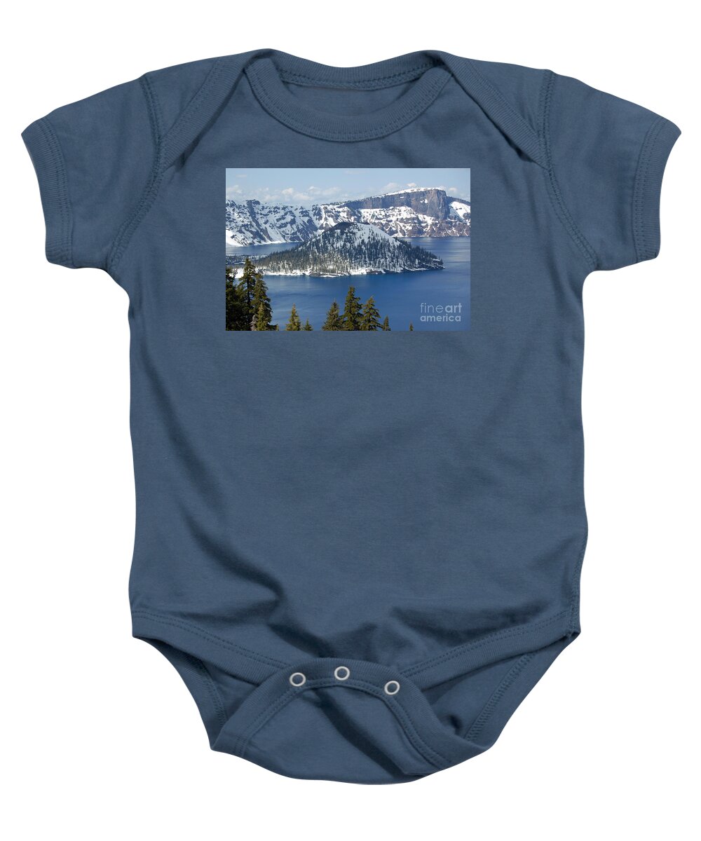 Crater Lake Baby Onesie featuring the photograph Crater Lake With Snow by Debra Thompson