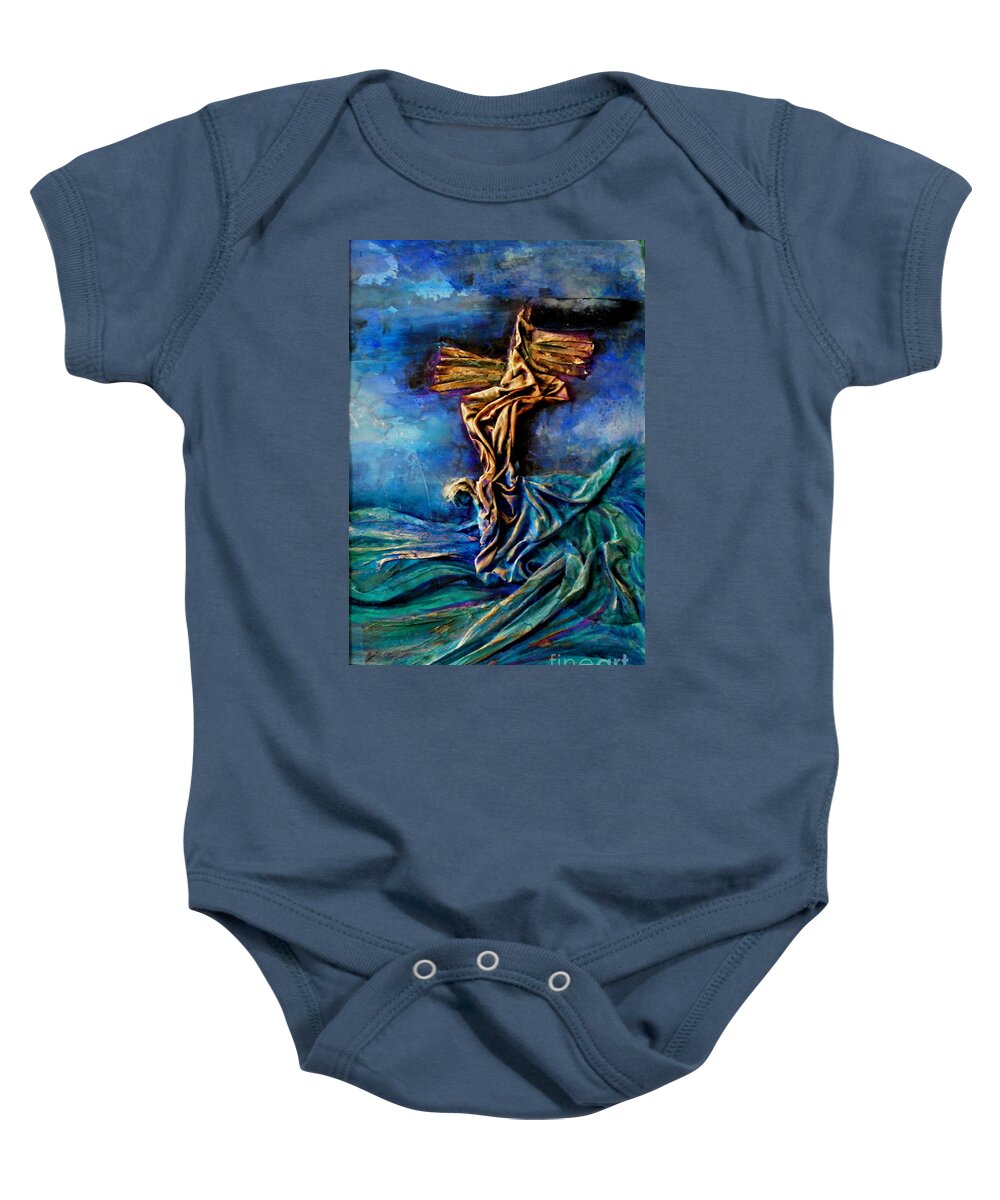 Abstract Seascape Baby Onesie featuring the mixed media Emerging Cross by Genie Morgan
