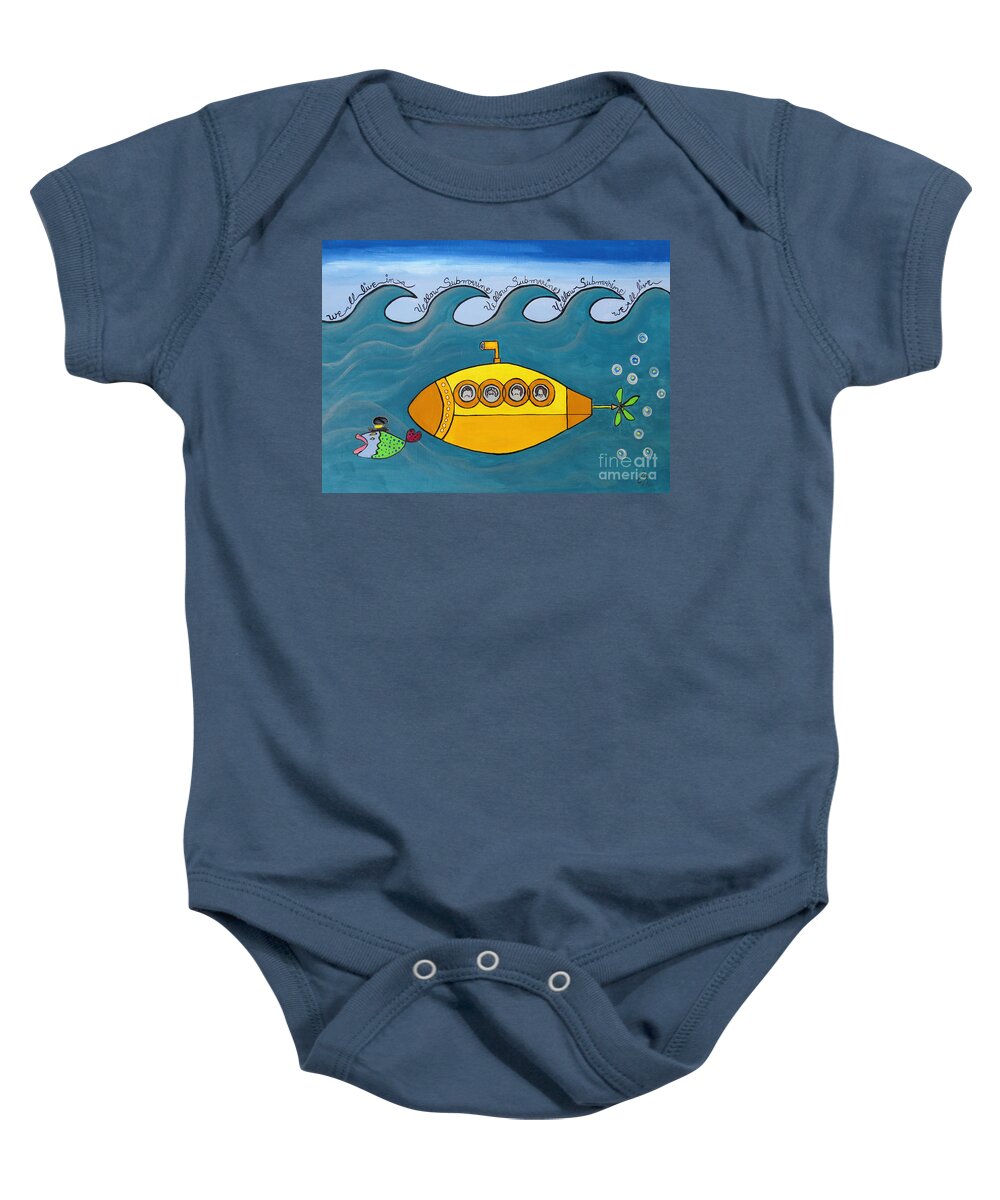 The Beatles Baby Onesie featuring the painting Lets Sing The Chorus Now - the Beatles Yellow Submarine by Ella Kaye Dickey